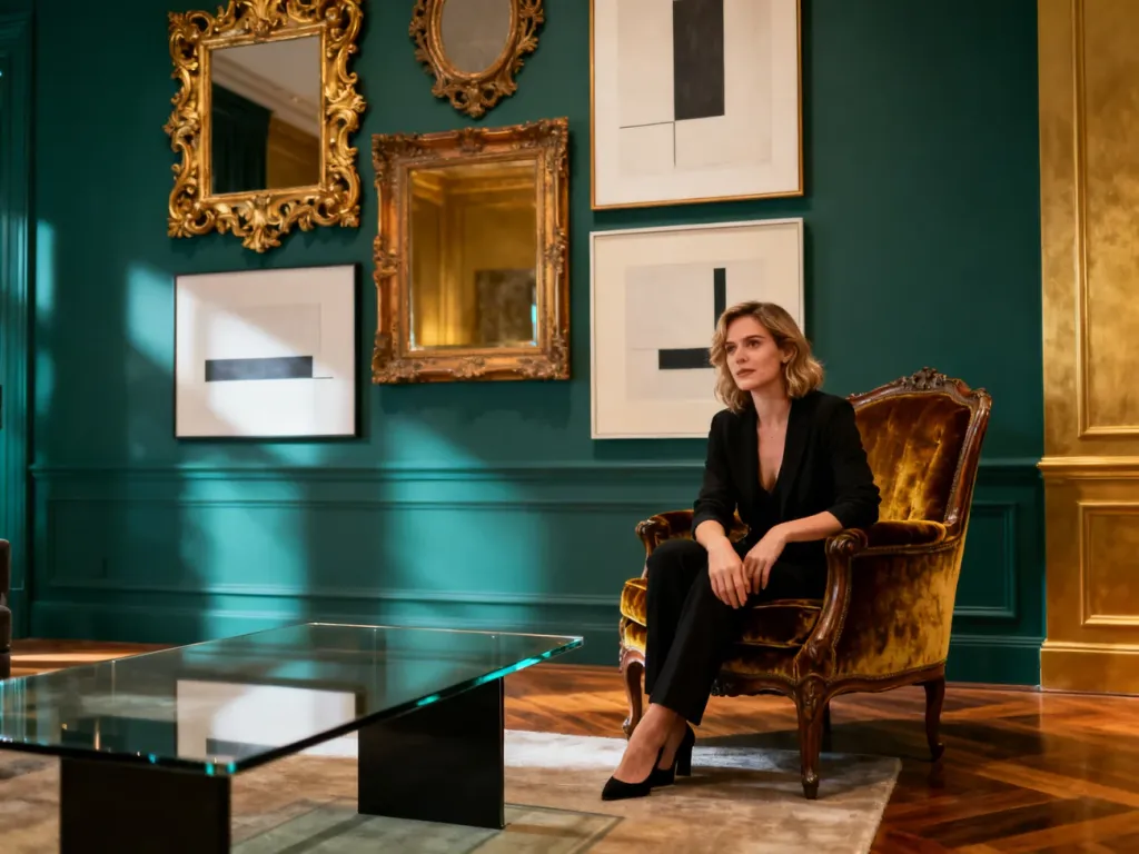 Eklektyczny salon łączący wiktoriański fotel, nowoczesny stolik oraz zestawienie barokowych ram z abstrakcyjną sztuką.
