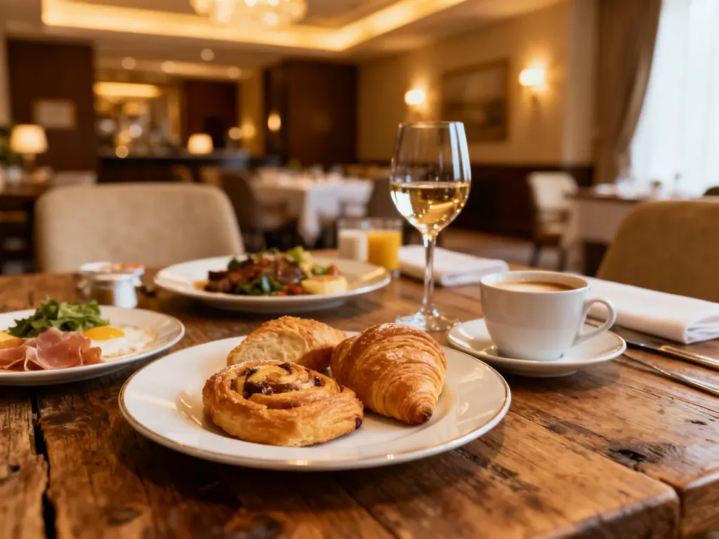 Zastawiony stół z wykwintnym śniadaniem i kolacją w przytulnej hotelowej restauracji, ilustrujący ofertę wyżywienia HB.