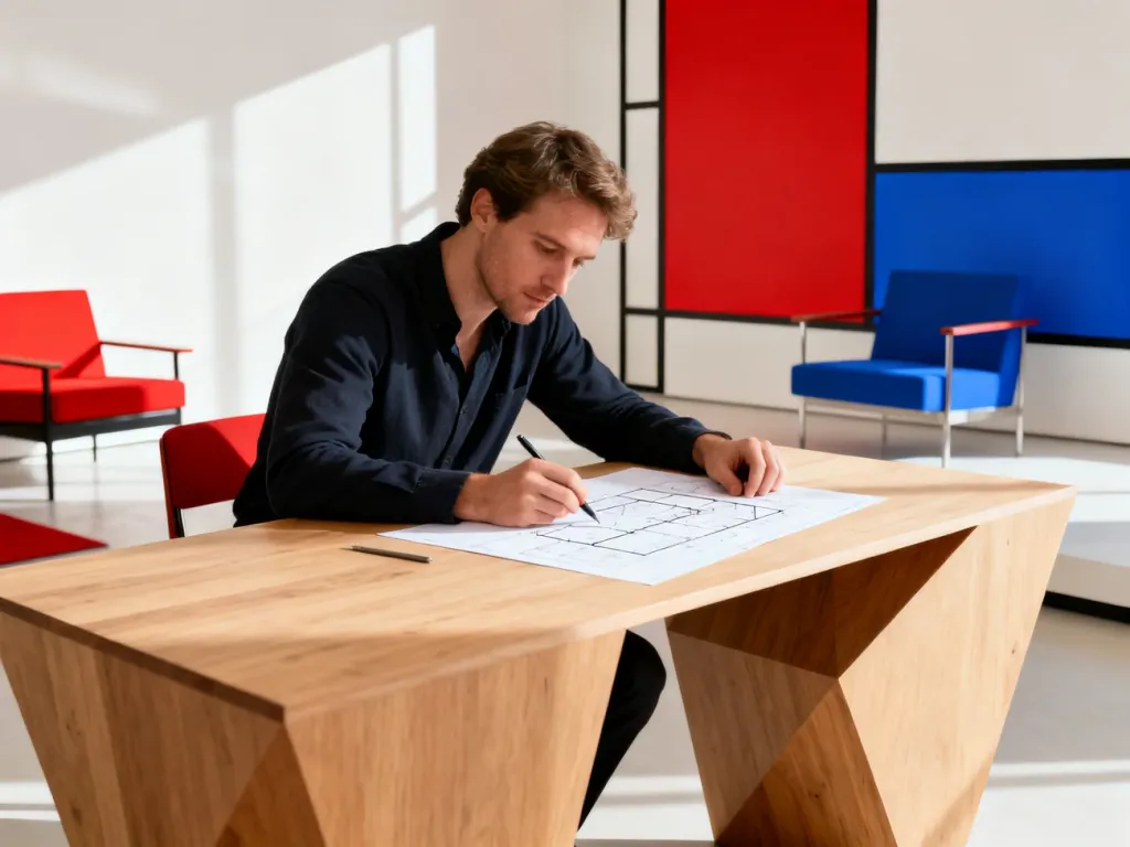 Architekt szkicujący projekt na tle nowoczesnego wnętrza z meblami w stylu Bauhaus.