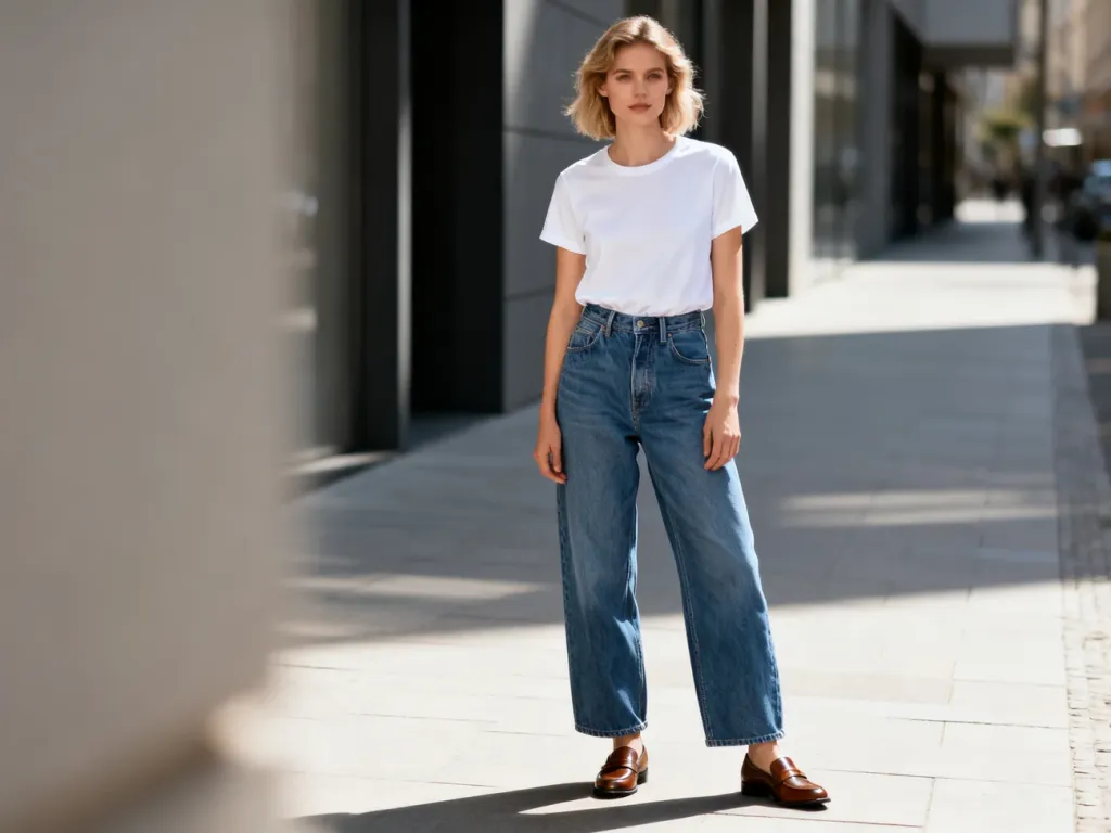 Stylowa kobieta w luźnych jeansach typu boyfriend, białym t-shircie i mokasynach na słonecznej ulicy miasta.