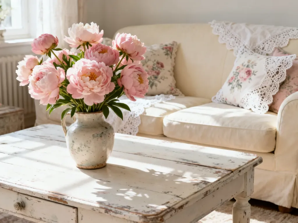 Przytulny salon w stylu shabby chic z jasną sofą, kwiatowymi poduszkami i stolikiem kawowym z bukietem piwonii.