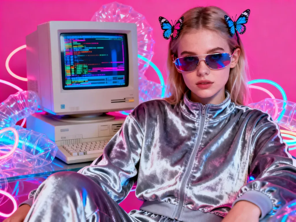 Młoda kobieta w stylizacji Y2K z motylkami we włosach na tle retro komputera z kolorowymi glitchami.