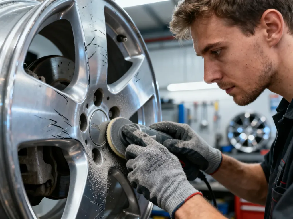 Mężczyzna w rękawicach ochronnych szlifuje porysowaną felgę aluminiową w profesjonalnym warsztacie samochodowym.