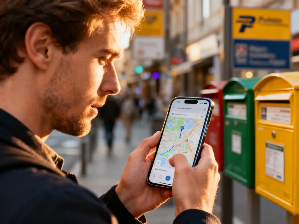 Mężczyzna sprawdza mapę cyfrową na smartfonie na tle miejskiej ulicy z elementami pocztowymi.