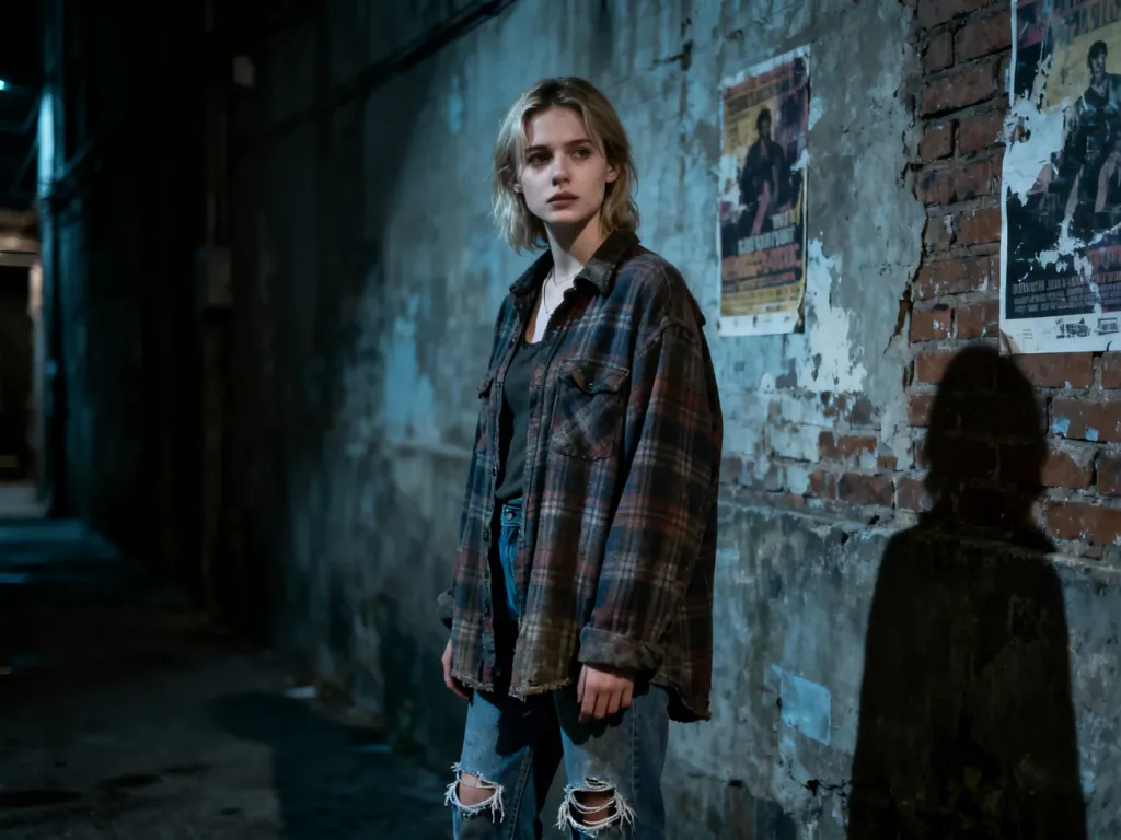 Młoda kobieta w za dużym flanelowym koszuli i podartych jeansach w surowej, miejskiej scenerii w stylu grunge.