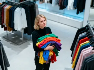 Kobieta w nowoczesnej garderobie z uporządkowanym zestawem ubrań w neutralnych kolorach, ilustrująca ideę szafy kapsułowej.