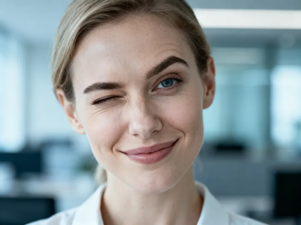 Kobieta z ironicznym uśmiechem i uniesioną brwią, ilustrująca sarkastyczną postawę w profesjonalnym otoczeniu biurowym.