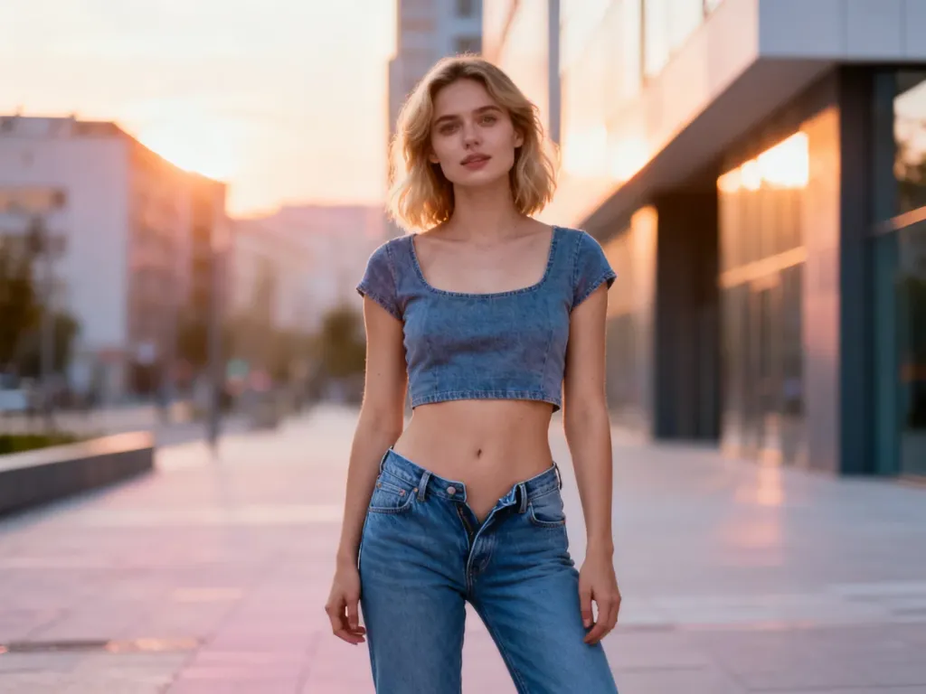 Stylowa kobieta w jeansach typu low-rise i krótkim topie, prezentująca modny krój spodni na tle miejskiego krajobrazu.