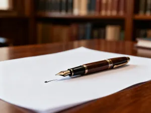 Osoba trzymająca pióro wieczne nad pustą stroną notatnika, przygotowująca się do pisania przy drewnianym biurku.