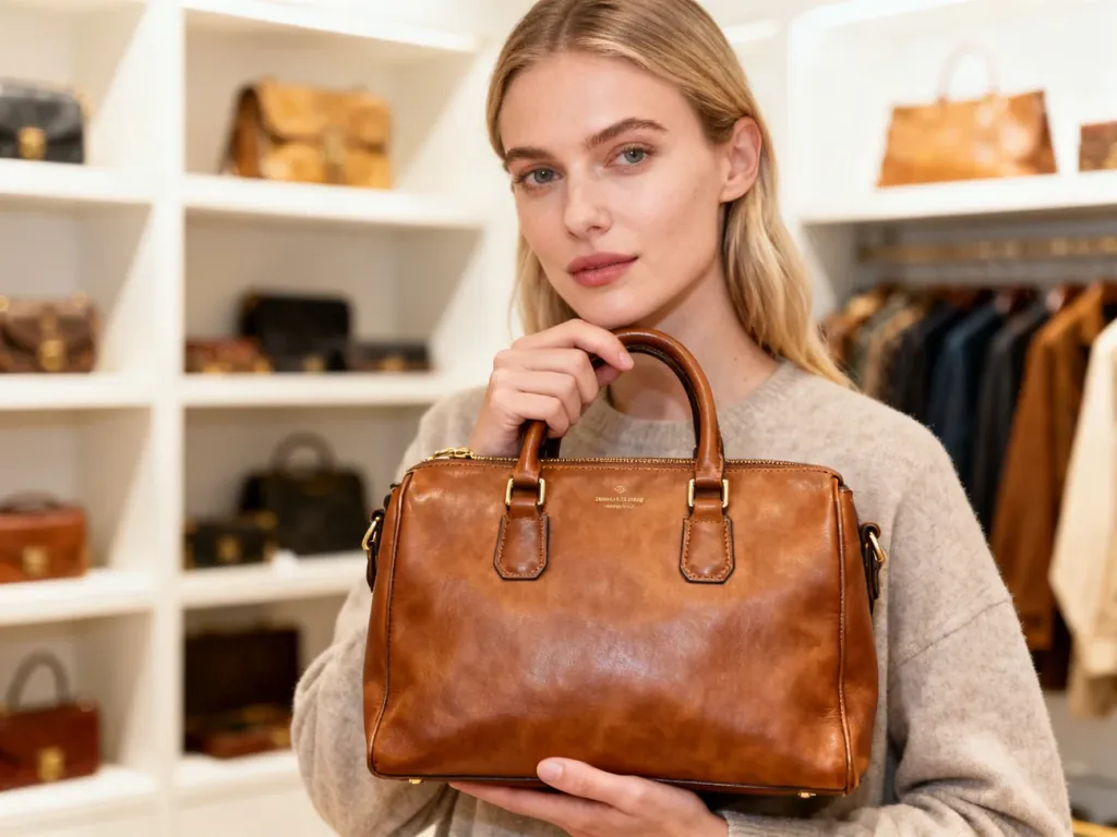 Stylowa kobieta trzymająca luksusową torebkę z drugiej ręki w nowoczesnym butiku z odzieżą vintage.