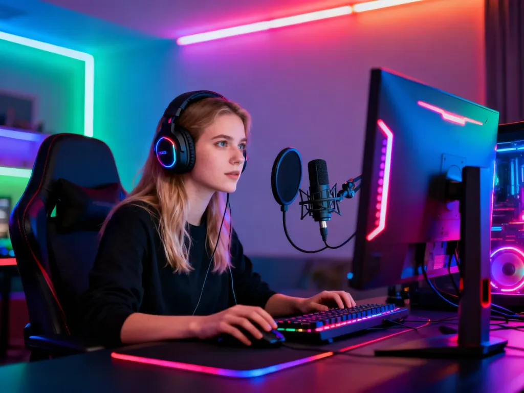 Młoda kobieta w słuchawkach gamingowych przy profesjonalnym stanowisku do streamingu w otoczeniu neonowego oświetlenia.