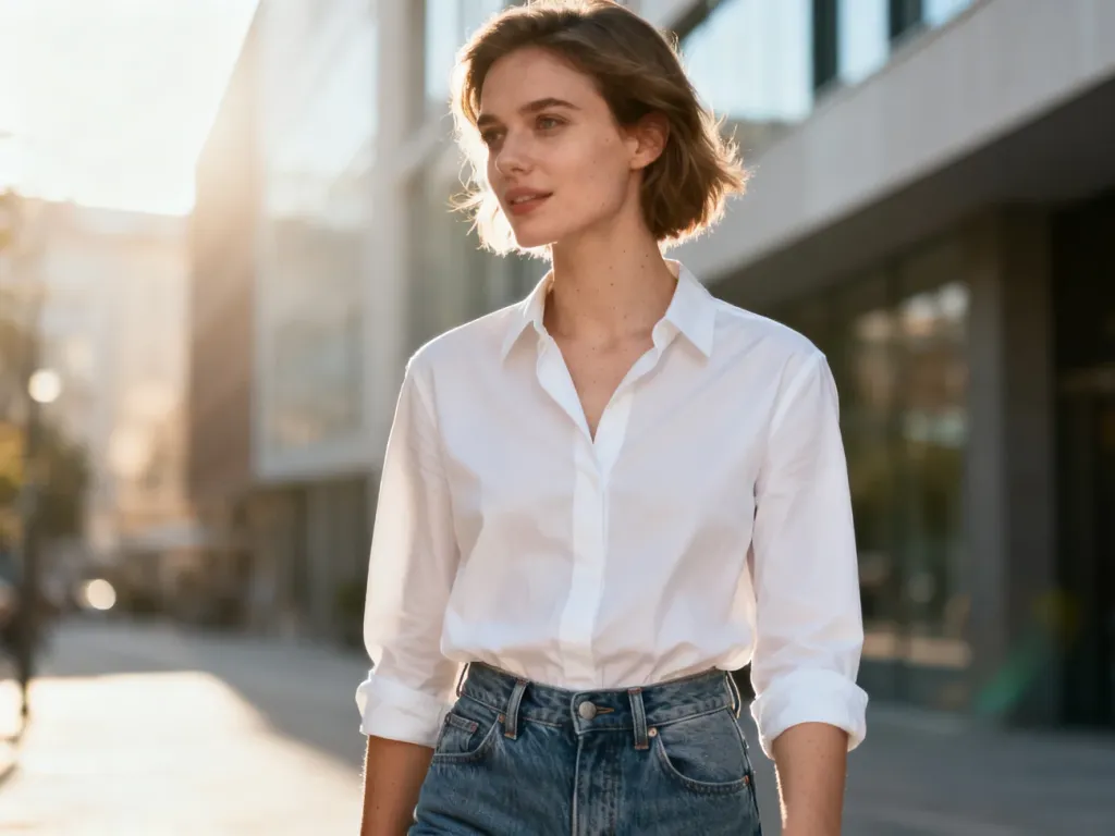 Stylowa kobieta w jeansach typu mom jeans i białej koszuli, prezentująca modną stylizację na tle miejskiej architektury.