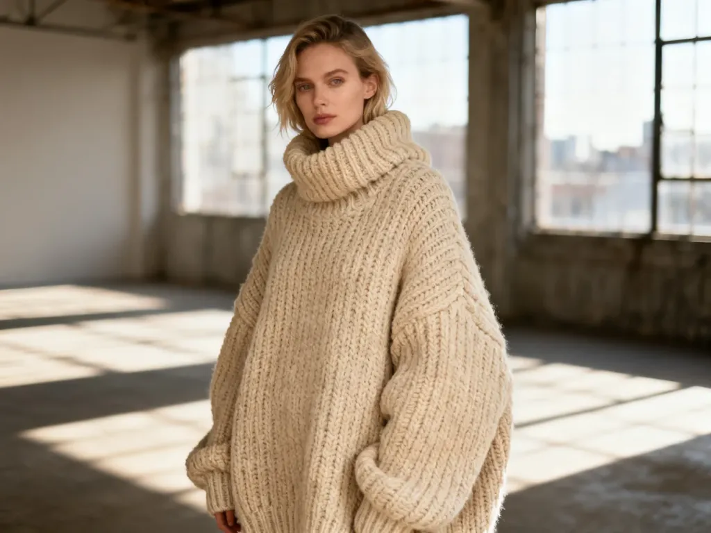 Kobieta w beżowym, przeskalowanym swetrze o grubym splocie, prezentująca stylizację typu oversized w minimalistycznym wnętrzu.