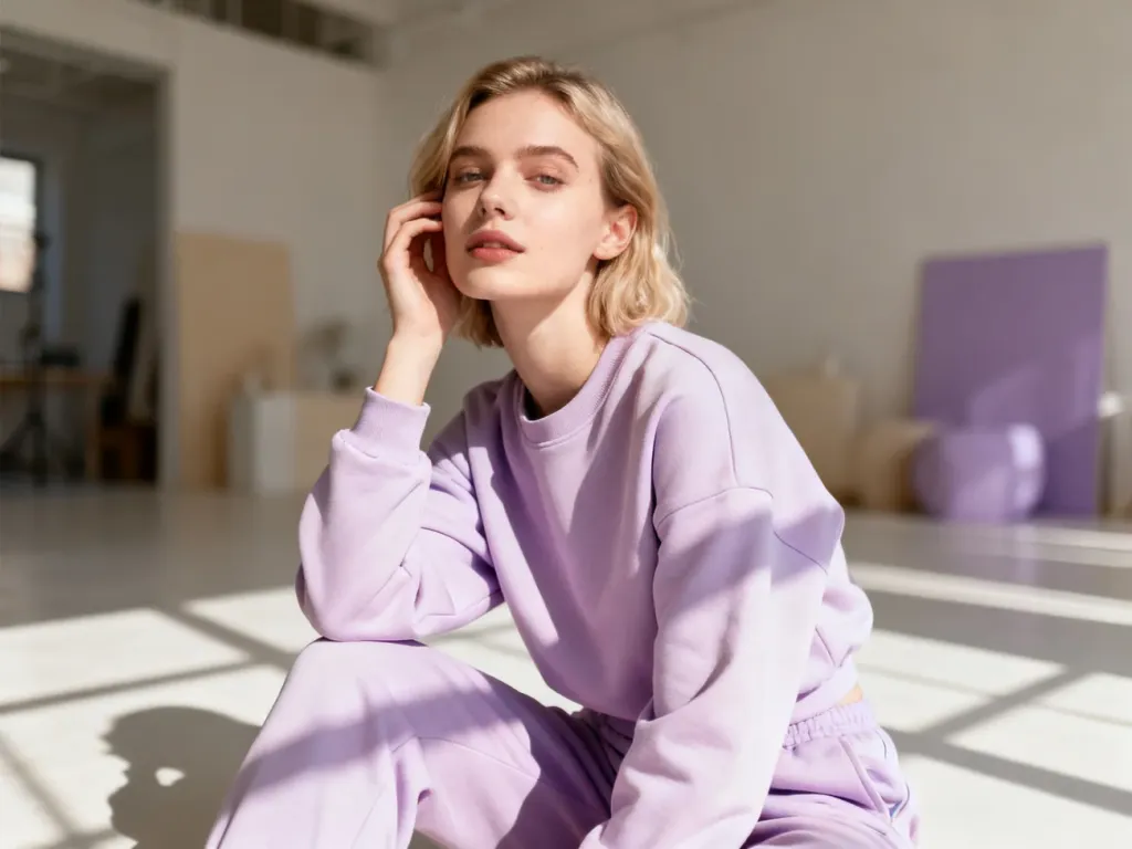 Stylowa kobieta w pastelowym streetwearze w minimalistycznym, jasnym wnętrzu, ilustrująca estetykę stylu aesthetic.
