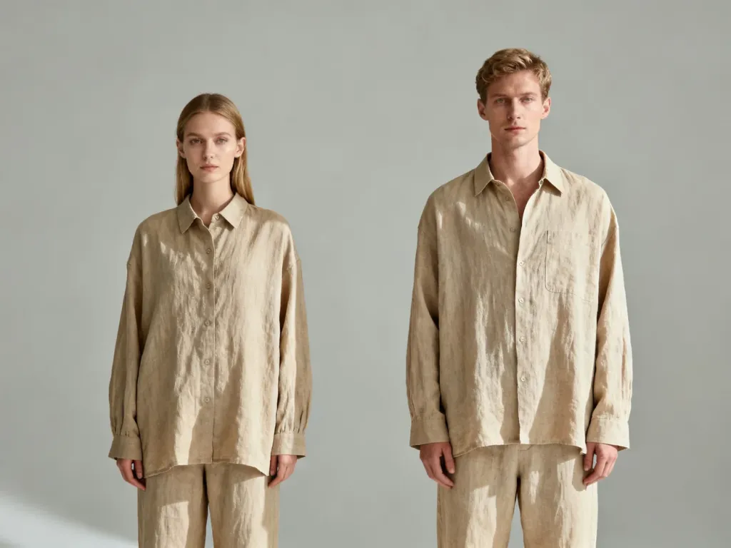 Kobieta i mężczyzna w identycznych lnianych kompletach w kolorze beżu, prezentujący minimalistyczny styl unisex.
