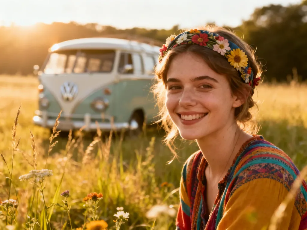 Młoda kobieta w kwiatowej opasce i kolorowych ubraniach w stylu hippie, uśmiechająca się na łące przy starym kamperze VW.