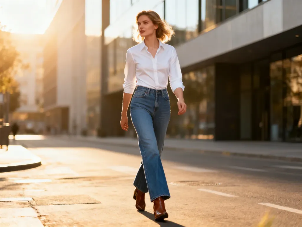 Stylowa kobieta w niebieskich jeansach typu bootcut, białej koszuli i botkach spaceruje po słonecznej ulicy miasta.