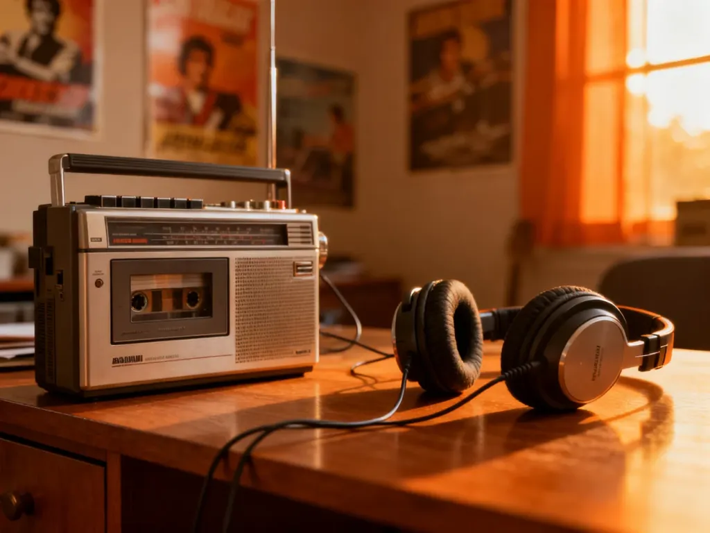 Odtwarzacz kasetowy z lat 80. i słuchawki przewodowe na drewnianym biurku, przywołujące klimat retro i nostalgię za dawnymi latami.