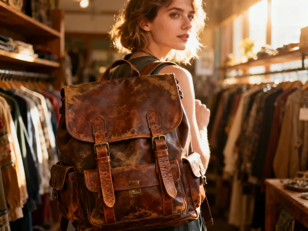 Kobieta w stylowym, skórzanym plecaku vintage w przytulnym sklepie z odzieżą używaną.