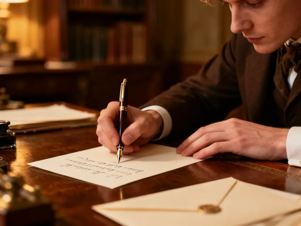 Elegancka osoba pisząca list piórem przy drewnianym biurku, podkreślająca tradycyjny charakter korespondencji.