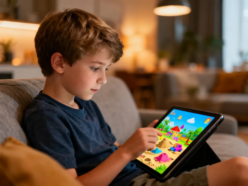 Chłopiec siedzący na kanapie, skupiony na grze w kolorową grę typu sandbox na tablecie.