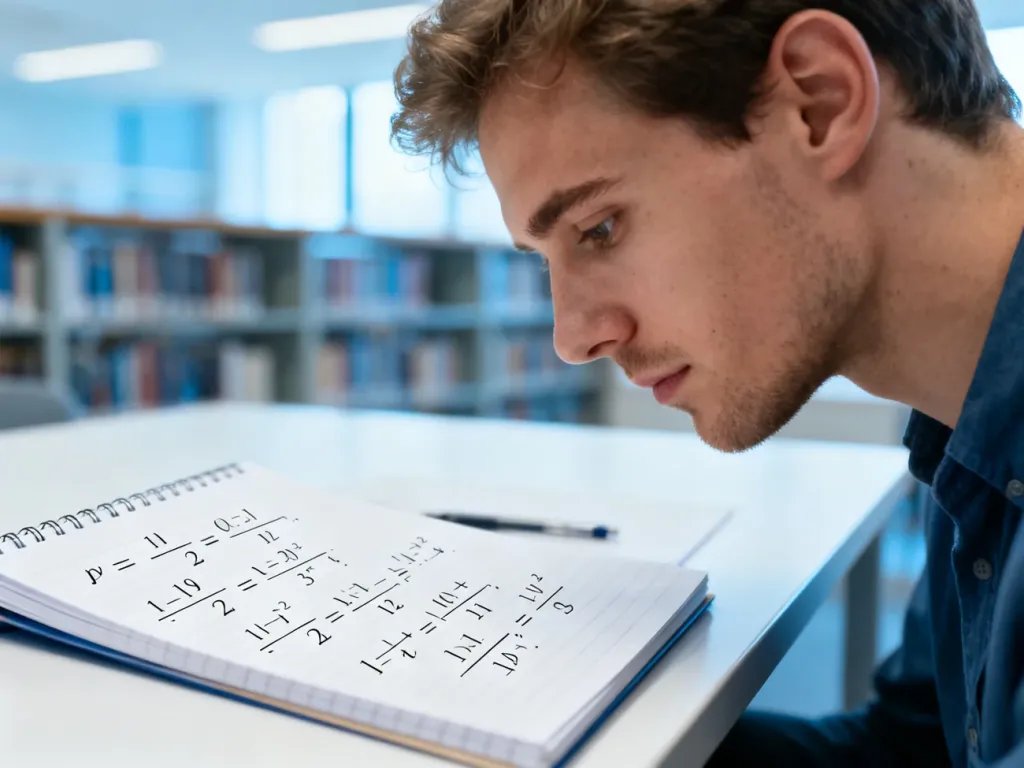 Mężczyzna przy biurku analizujący zapisy matematyczne z ułamkami w tle biblioteki.