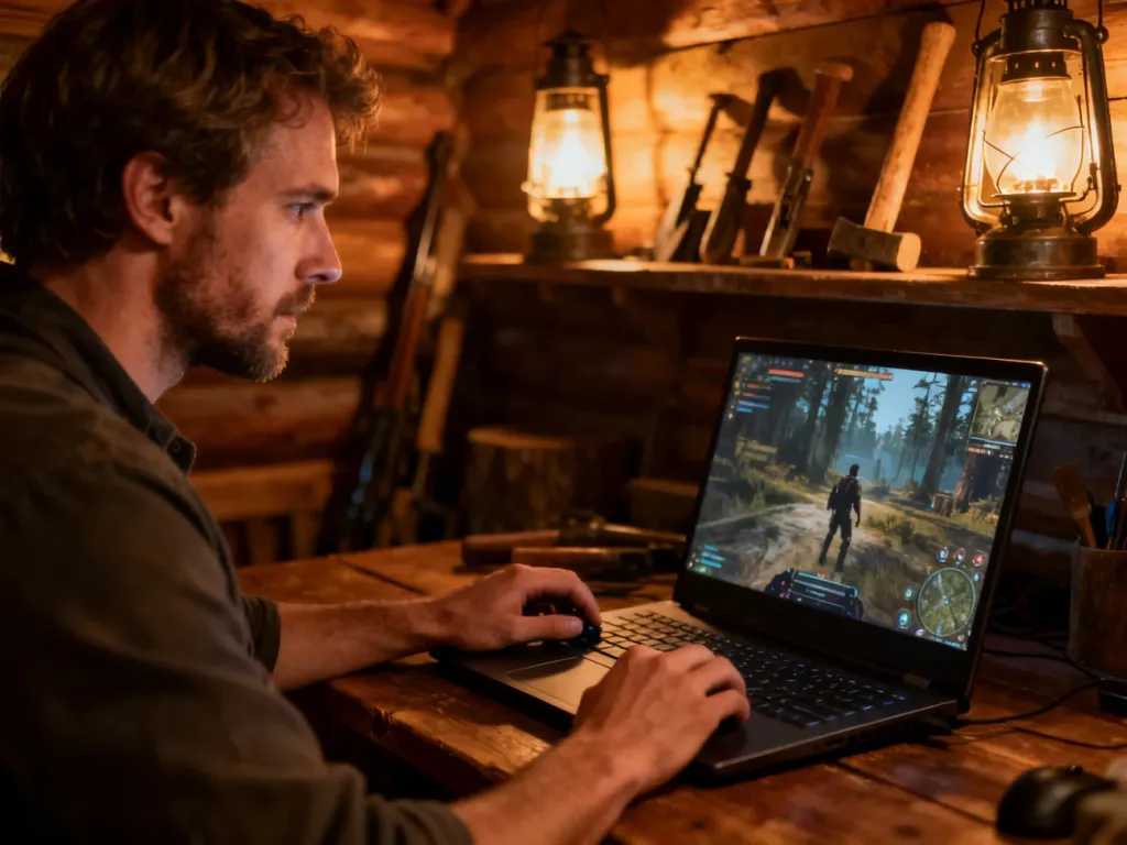 Mężczyzna grający na laptopie w przytulnej, rustykalnej chacie, co podkreśla klimat survivalowej gry Vintage Story.