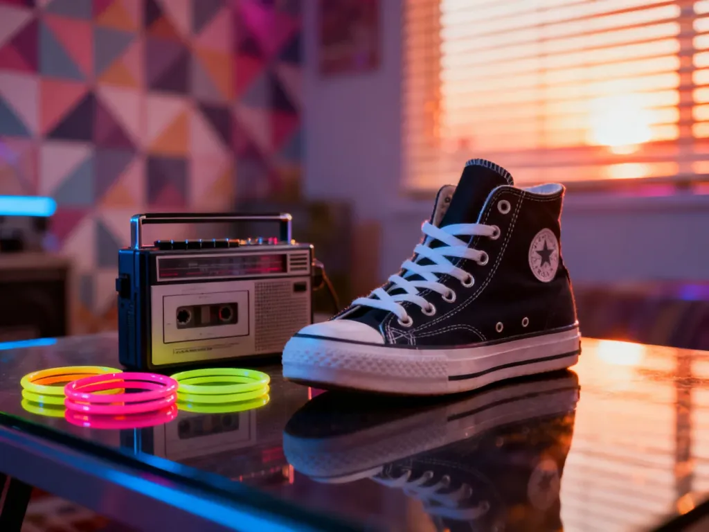 Kultowe atrybuty mody lat 80., w tym neonowe bransoletki, klasyczne sneakersy i odtwarzacz kaset w klimatycznym wnętrzu.