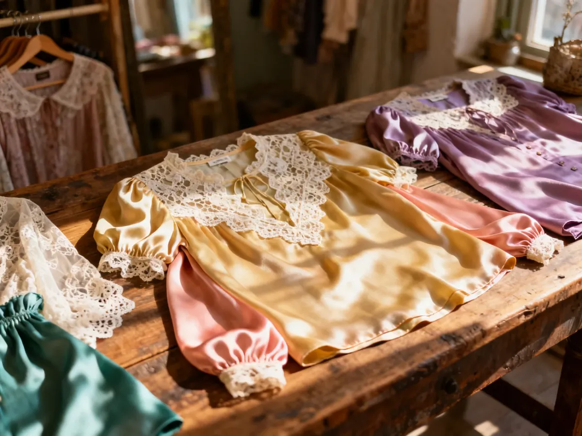 Eleganckie bluzki w stylu retro z jedwabiu i koronki ułożone na drewnianym stole w klimatycznym butiku.