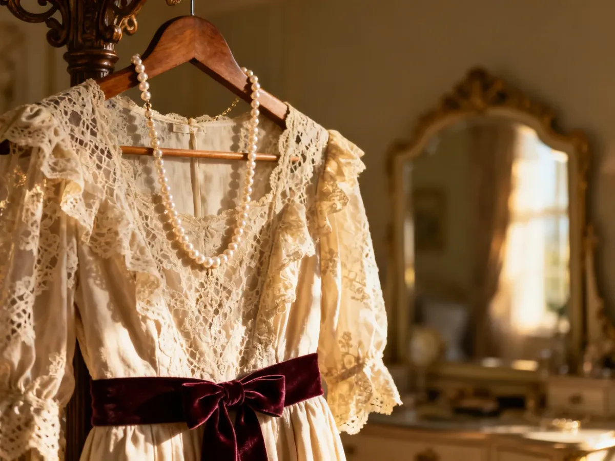 Elegancka koronkowa sukienka vintage z perłowym naszyjnikiem i aksamitną kokardą, przygotowana na wesele w stylu retro.