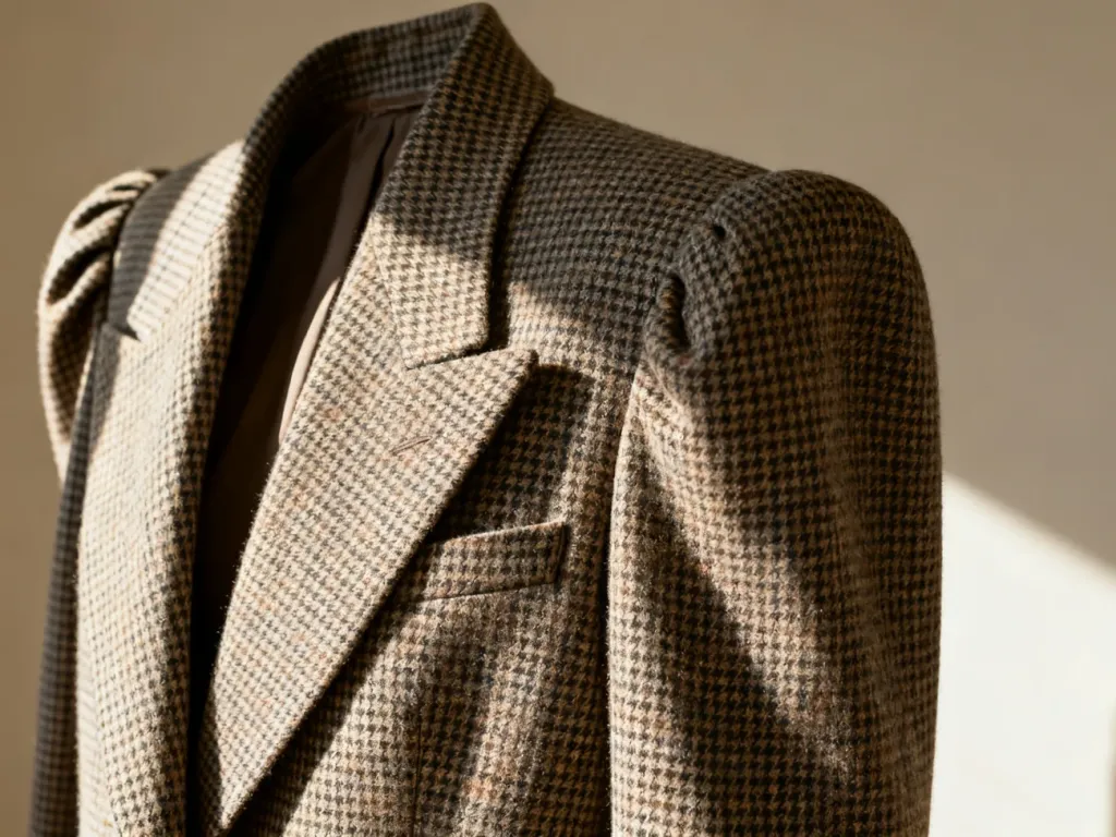 Elegancka marynarka w pepitkę z wyraźnie zaznaczonymi poduszkami na ramionach w stylu lat 80.