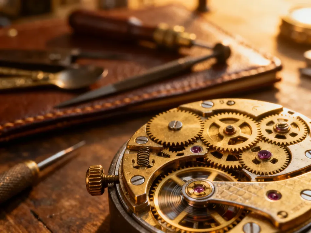 Złoty mechanizm zegarka automatycznego z widocznymi kołami zębatymi i wahnikiem na tle warsztatu zegarmistrzowskiego.