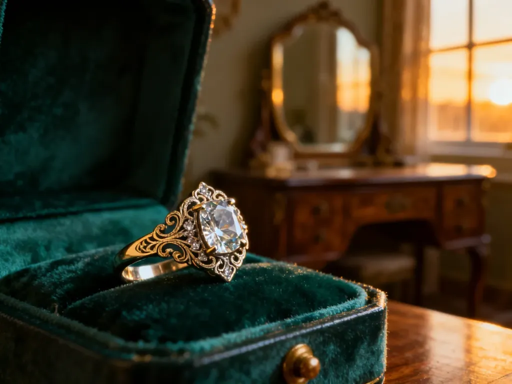 Elegancki pierścionek vintage z diamentem i misternymi zdobieniami, spoczywający na aksamitnym pudełku w klimatycznym wnętrzu.