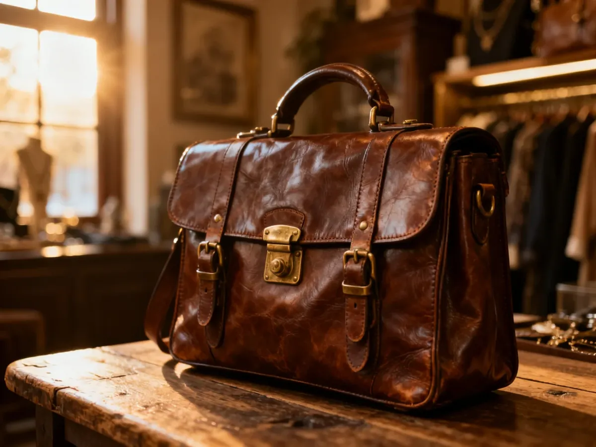 Skórzana torebka vintage z mosiężnymi detalami na drewnianym stole, utrzymana w nostalgicznej, ciepłej stylistyce.