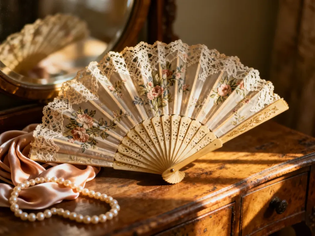 Elegancki, koronkowy wachlarz vintage leżący na drewnianej toaletce w otoczeniu pereł i jedwabiu, tworzący romantyczny klimat.