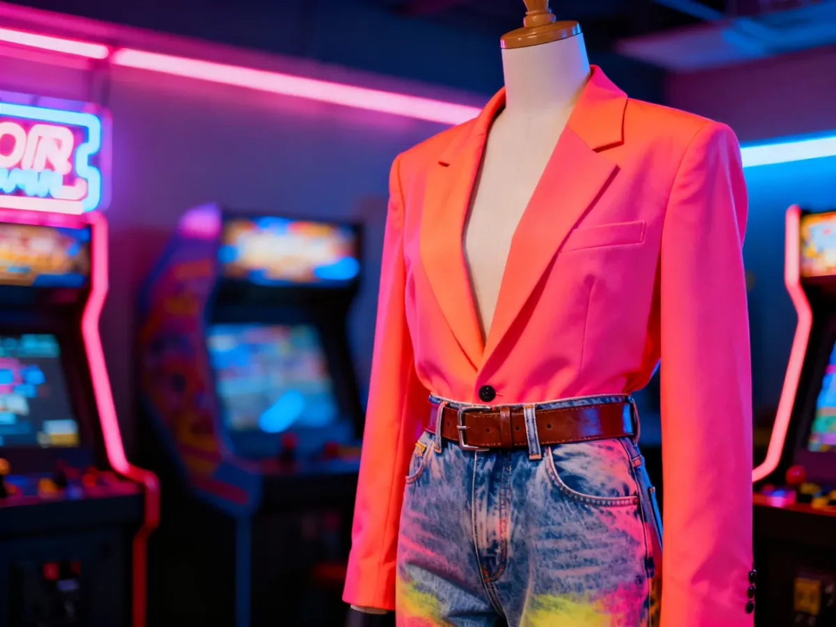 Manekin w neonowej marynarce i jeansach z wysokim stanem na tle retro salonu gier, prezentujący stylizację w klimacie lat 80.