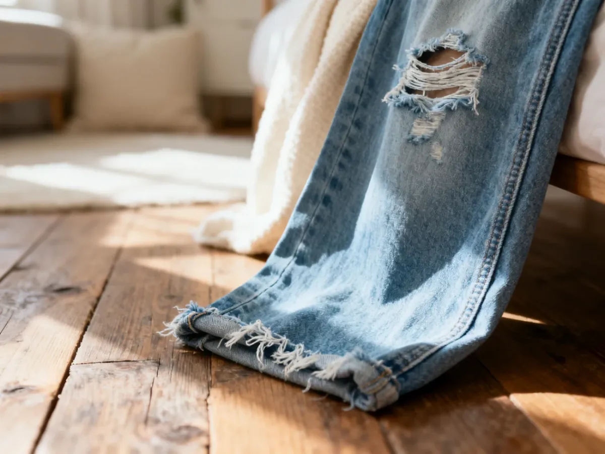 Jasnoniebieskie jeansy typu mom fit z przetarciami leżące na drewnianej podłodze w przytulnym, minimalistycznym wnętrzu.
