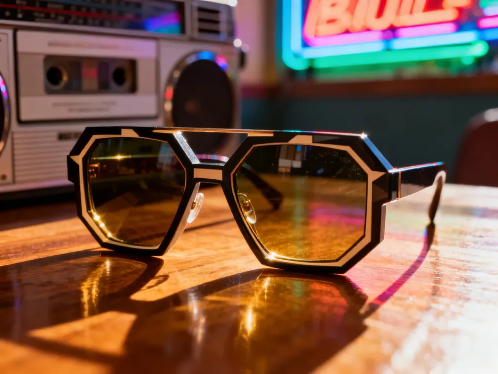Oversize’owe okulary w stylu lat 80. z geometrycznymi oprawkami na drewnianym stole w otoczeniu retro gadżetów.