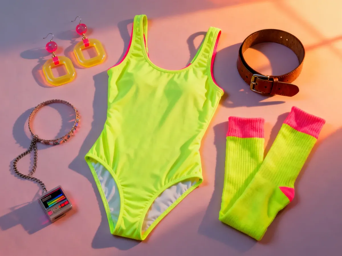 Neonowe body w stylu lat 80. w otoczeniu vintage dodatków, takich jak szeroki pasek i ocieplacze na nogi.