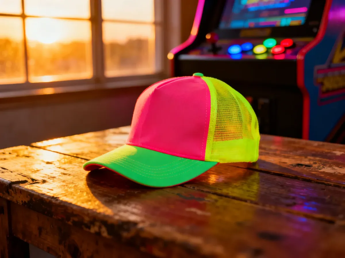 Neonowa czapka typu snapback w stylu lat 80. na drewnianym blacie w otoczeniu retro automatu do gier.