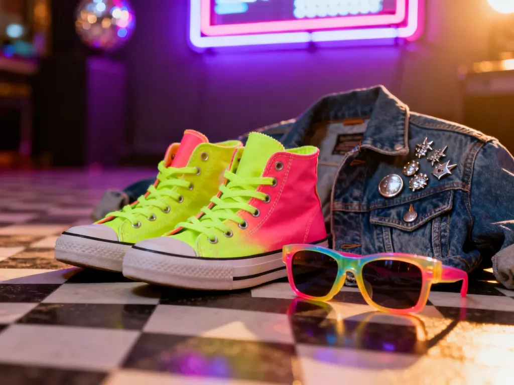 Neonowe trampki, jeansowa kurtka z przypinkami i okulary w stylu lat 80. na tle rozmytego neonu w klimacie disco.