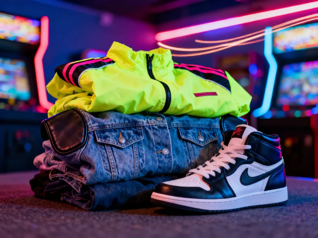 Stos ubrań w stylu lat 80.: neonowa wiatrówka, kurtka z poduszkami na ramionach i retro trampki na tle salonu gier.