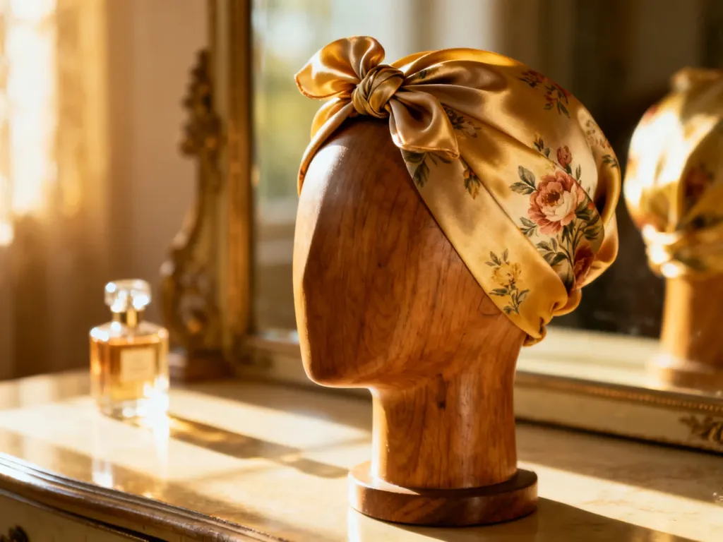 Jedwabna chustka w kwiatowy wzór zawiązana w stylu retro na manekinie, prezentująca elegancki sposób wiązania na głowie.