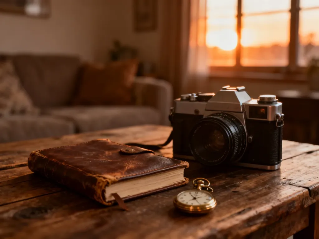 Kolekcja przedmiotów w stylu vintage, w tym aparat analogowy, skórzany notes i zegarek kieszonkowy na drewnianym stole.