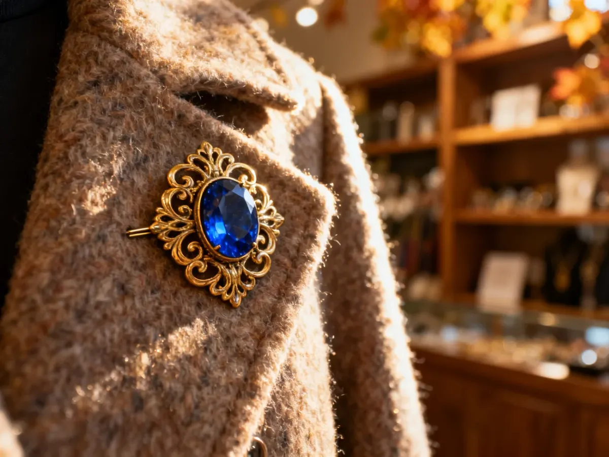 Elegancka broszka w stylu retro z szafirem przypięta do wełnianego płaszcza, podkreślająca jesienną stylizację.