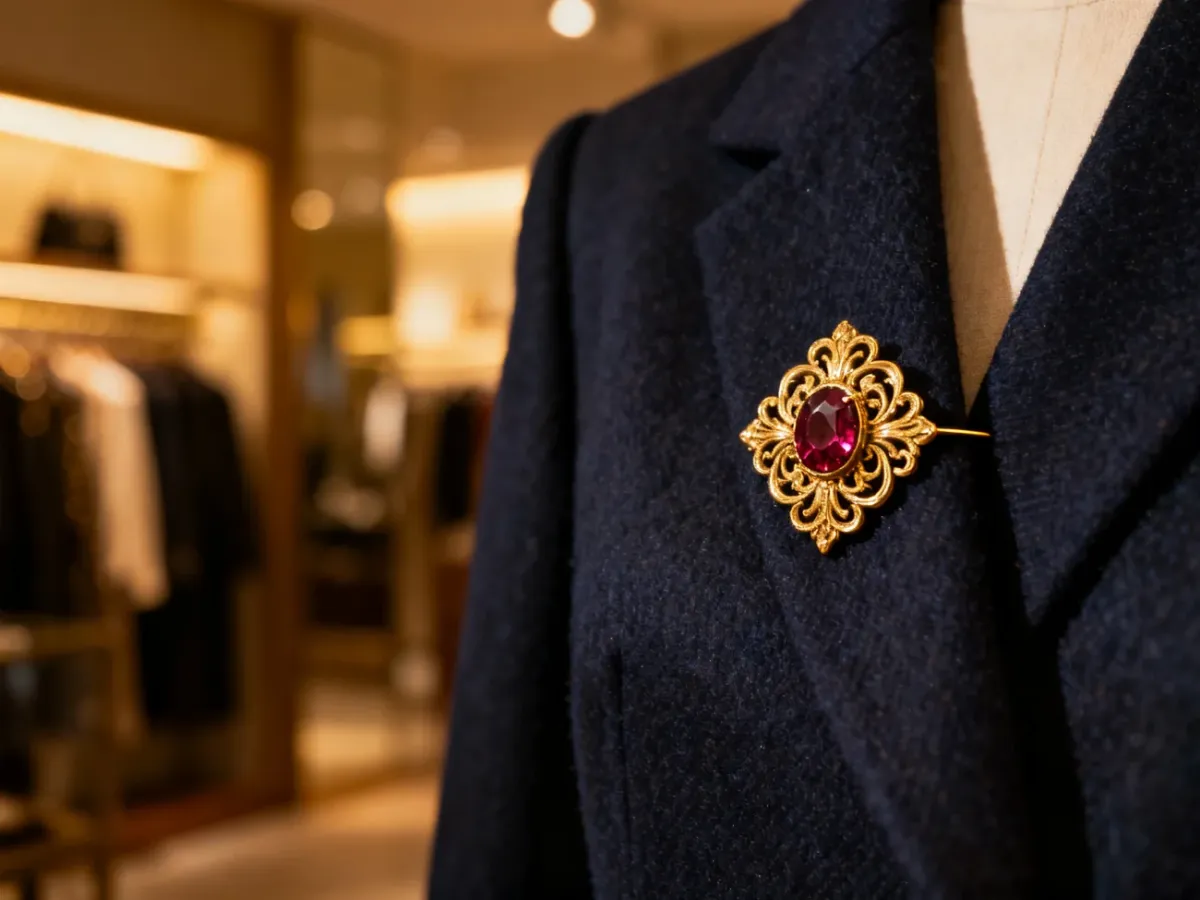 Elegancka złota broszka z rubinem przypięta do klapy granatowej marynarki, prezentująca styl vintage.