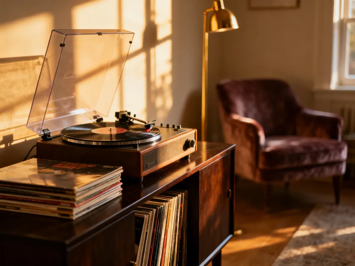Gramofon i stos płyt winylowych na drewnianej komodzie w przytulnym salonie w stylu vintage.