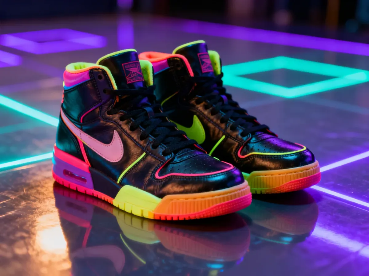 Wysokie sneakersy w stylu lat 80. z neonowymi akcentami na tle rozmytego, kolorowego parkietu.