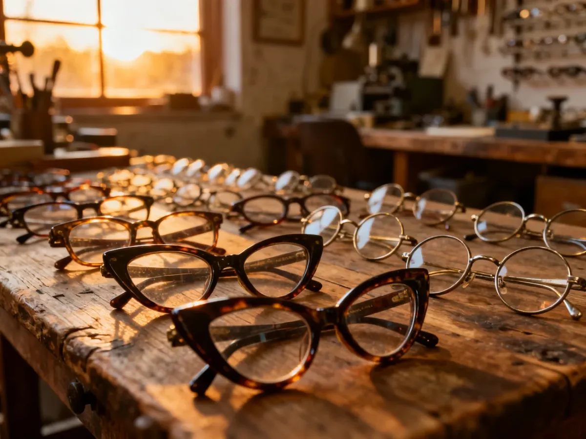 Różnorodne modele okularów w stylu vintage ułożone na drewnianym stole w pracowni optycznej.