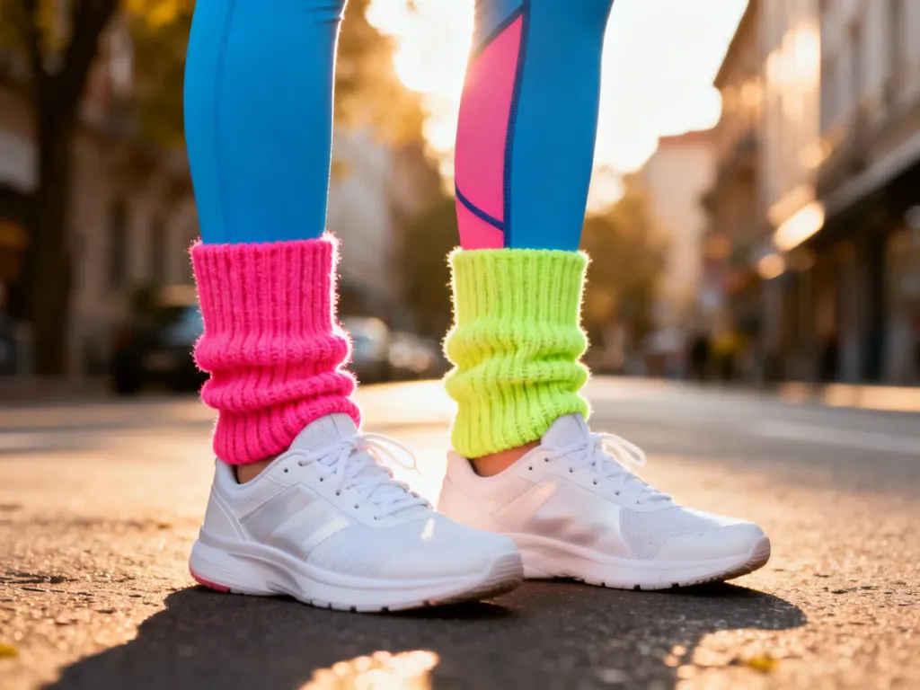 Neonowe getry w stylu lat 80. zestawione z nowoczesnymi legginsami i białymi sneakersami w miejskiej scenerii.